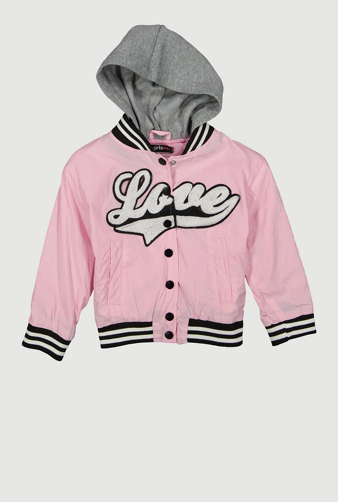 Little Girls Love Chenille Patch Hooded Varsity Jacket, Pink,