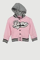 Little Girls Love Chenille Patch Hooded Varsity Jacket, Pink,