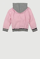 Little Girls Love Chenille Patch Hooded Varsity Jacket, Pink,