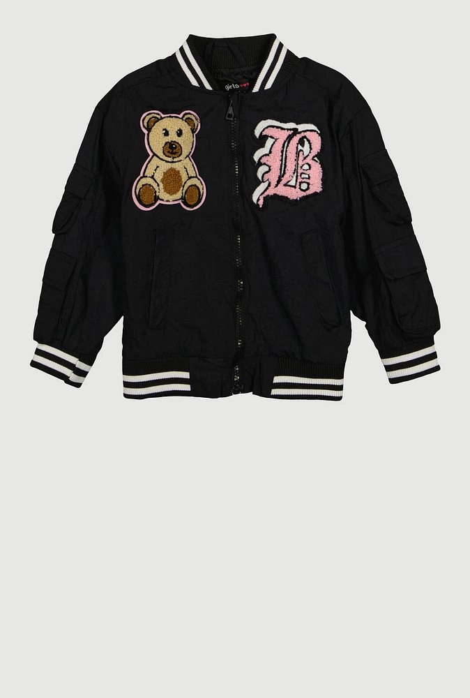 Little Girls Chenille Bear Graphic Bomber Jacket, Black, Size 5-6