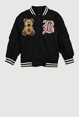 Little Girls Chenille Bear Graphic Bomber Jacket, Black, Size 5-6