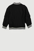 Little Girls Chenille Bear Graphic Bomber Jacket, Black, Size 5-6