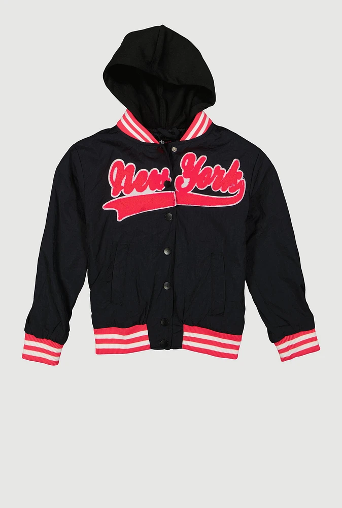 Little Girls New York Hooded Varsity Jacket, Black, Size 6X