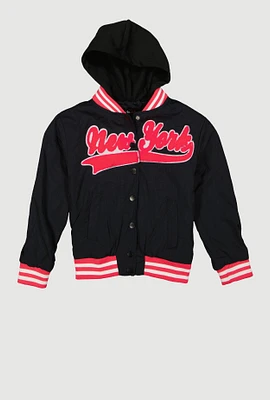 Little Girls New York Hooded Varsity Jacket, Black, Size 6X