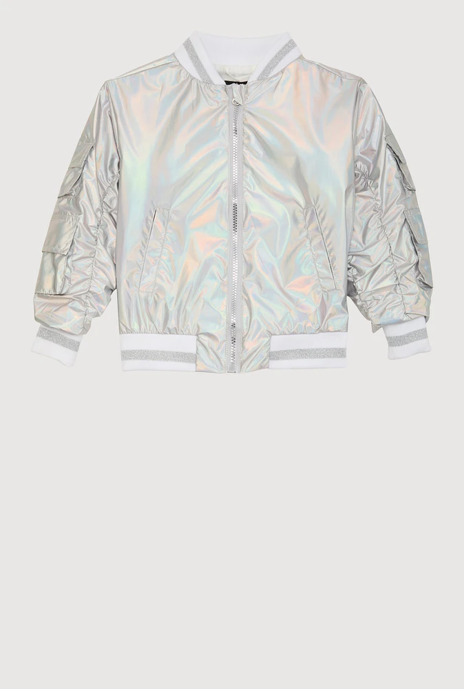 Little Girls Metallic Cargo Pocket Bomber Jacket, Grey, Size 6X