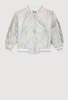 Little Girls Metallic Cargo Pocket Bomber Jacket, Grey, Size 6X