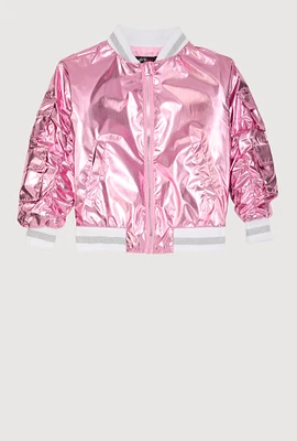 Little Girls Metallic Cargo Pocket Bomber Jacket, Pink, Size 5-6