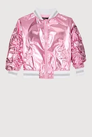Little Girls Metallic Cargo Pocket Bomber Jacket, Pink, Size 5-6