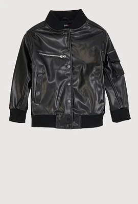 Little Girls Zip Pocket Faux Leather Bomber Jacket, Black,