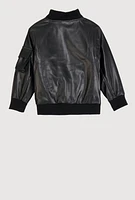 Little Girls Zip Pocket Faux Leather Bomber Jacket, Black, Size 6X