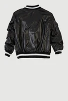 Little Girls Faux Leather Cargo Pocket Bomber Jacket, Black, Size 4
