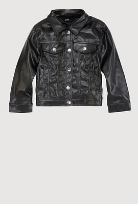 Little Girls Faux Leather Button Front Jacket, Black, Size 6X
