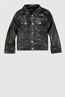 Little Girls Faux Leather Button Front Jacket, Black, Size 6X