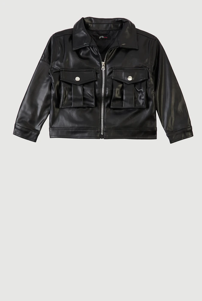 Little Girls Zip Front Faux Leather Jacket, Black, Size 5-6