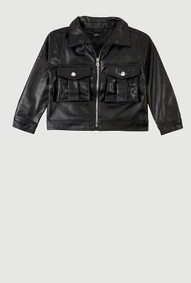 Little Girls Zip Front Faux Leather Jacket, Black, Size 5-6
