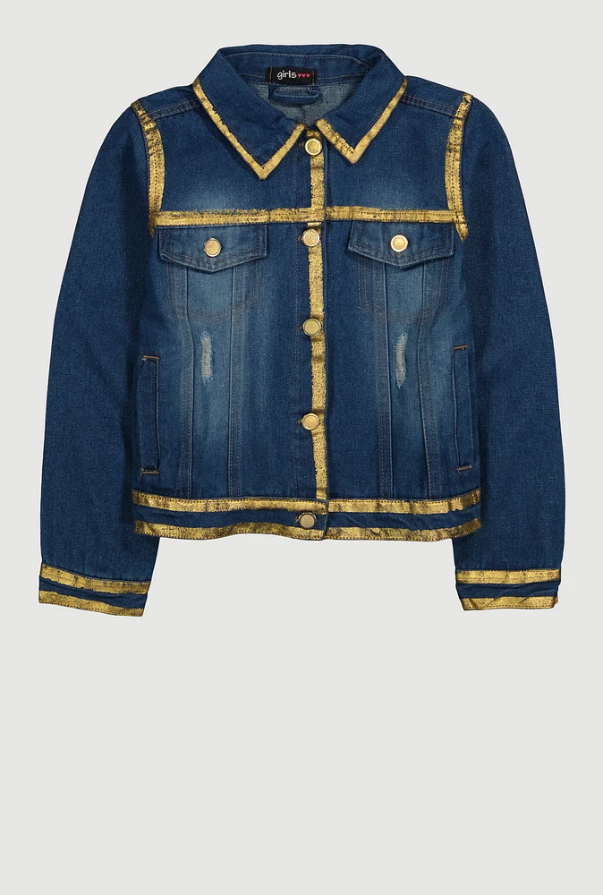 Girls Gold Trim Denim Jacket, Blue, Size 7-8