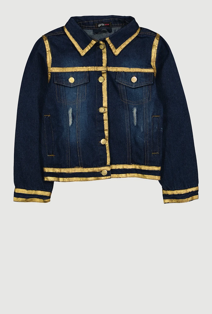 Girls Gold Trim Denim Jacket, Blue, Size 10-12