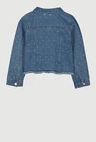 Girls Rhinestone Studded Frayed Hem Denim Jacket, Blue,