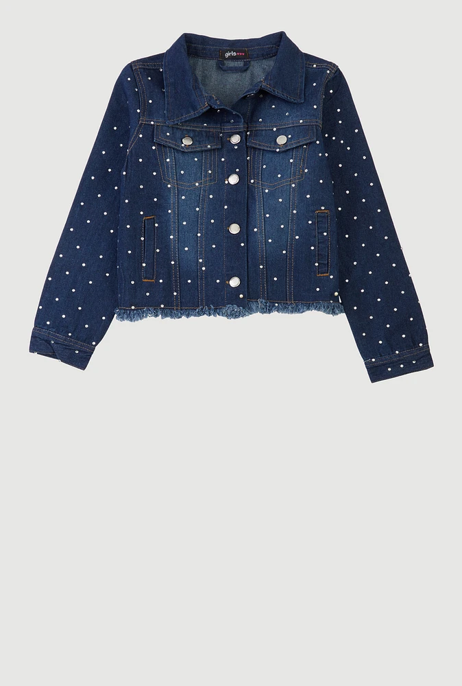 Girls Rhinestone Studded Frayed Hem Denim Jacket, Blue,