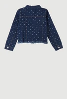 Girls Rhinestone Studded Frayed Hem Denim Jacket, Blue, Size 10-12