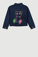 Girls Ombre Bear Graphic Distressed Jean Jacket, Blue, Size 7-8