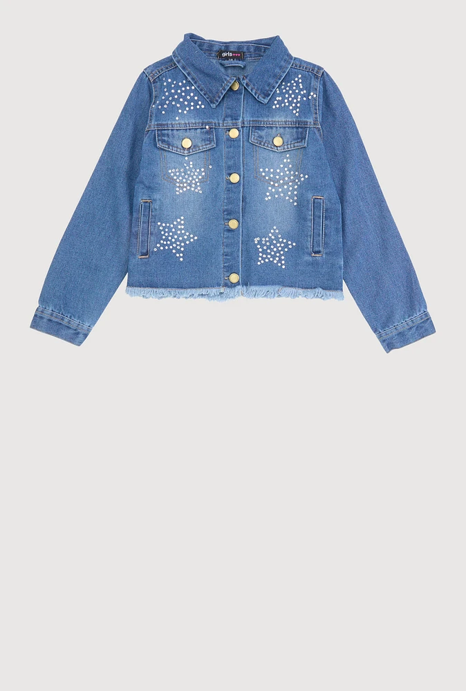 Girls Rhinestone Star Frayed Denim Jacket, Blue, Size 10-12