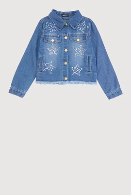 Girls Rhinestone Star Frayed Denim Jacket, Blue, Size 10-12