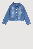 Girls Rhinestone Star Frayed Denim Jacket, Blue, Size 10-12