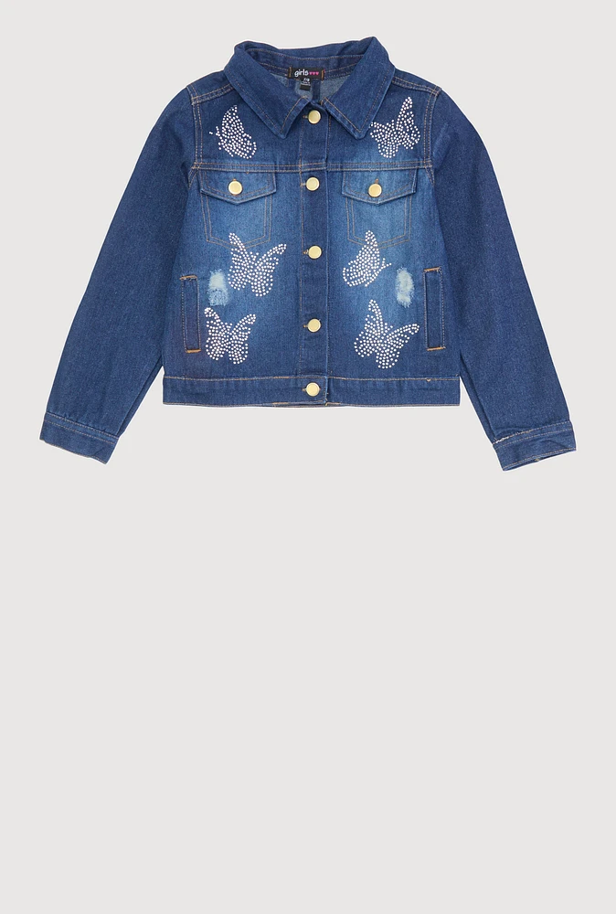 Girls Rhinestone Butterfly Denim Jacket, Blue, Size 10-12