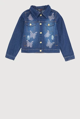 Girls Rhinestone Butterfly Denim Jacket, Blue, Size 10-12