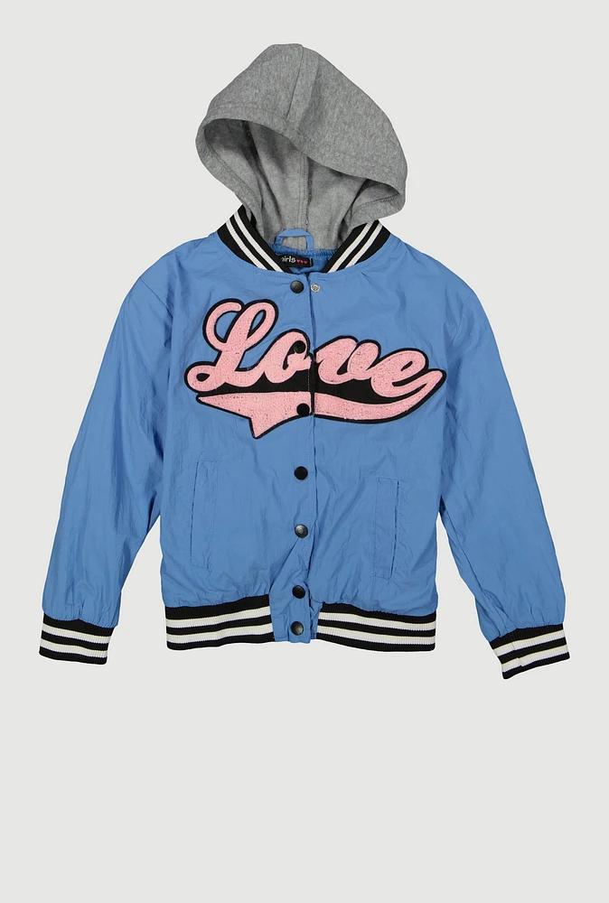 Girls Love Hooded Varsity Jacket, Blue, Size 7-8