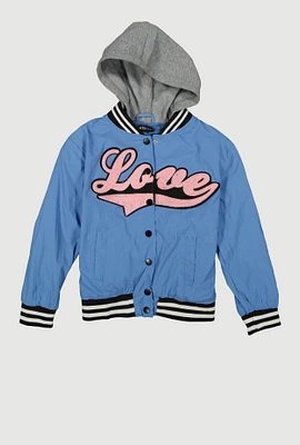 Girls Love Hooded Varsity Jacket, Blue, Size 7-8