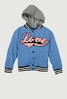Girls Love Hooded Varsity Jacket, Blue, Size 7-8