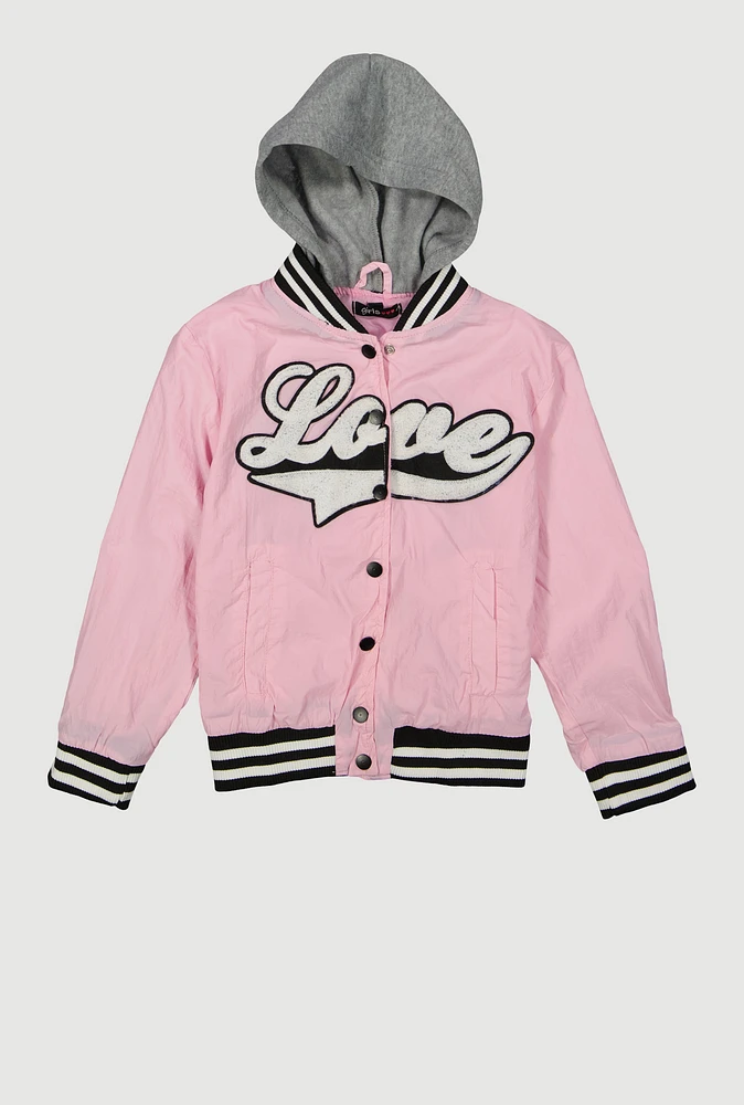 Girls Love Hooded Varsity Jacket, Pink, Size 7-8