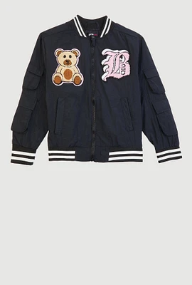 Girls Initial B Chenille Patch Varsity Bomber Jacket, Black,