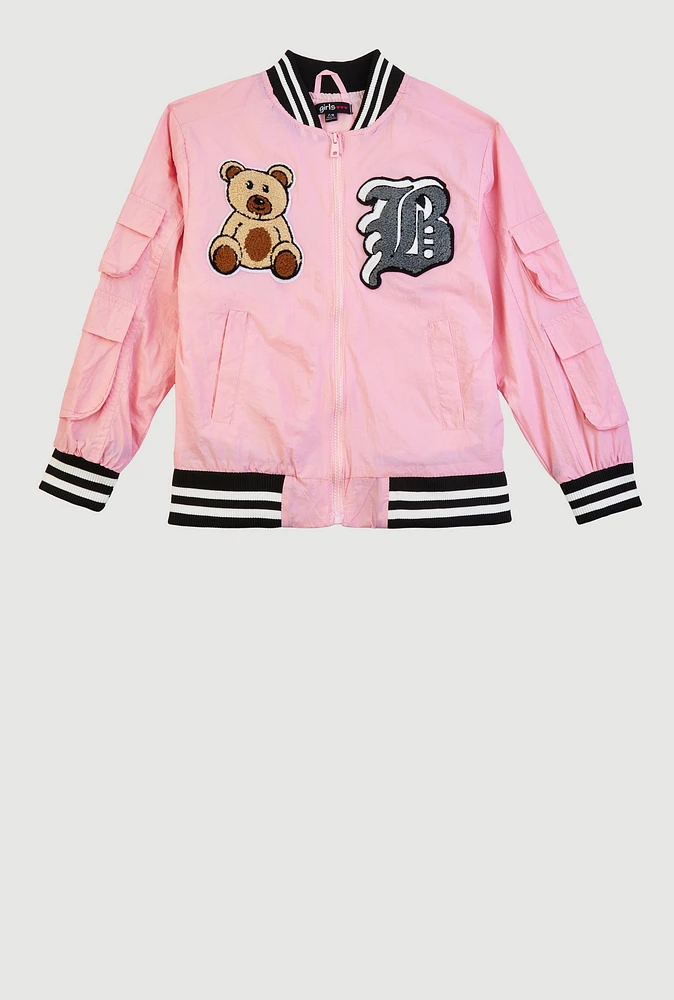 Girls Initial B Chenille Patch Varsity Bomber Jacket, Pink, Size 10-12