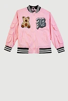 Girls Initial B Chenille Patch Varsity Bomber Jacket, Pink, Size 10-12