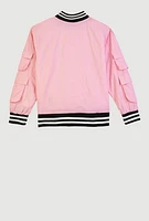 Girls Initial B Chenille Patch Varsity Bomber Jacket, Pink, Size 10-12