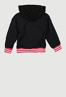 Girls New York Chenille Patch Hooded Varsity Jacket, Black, Size 10-12