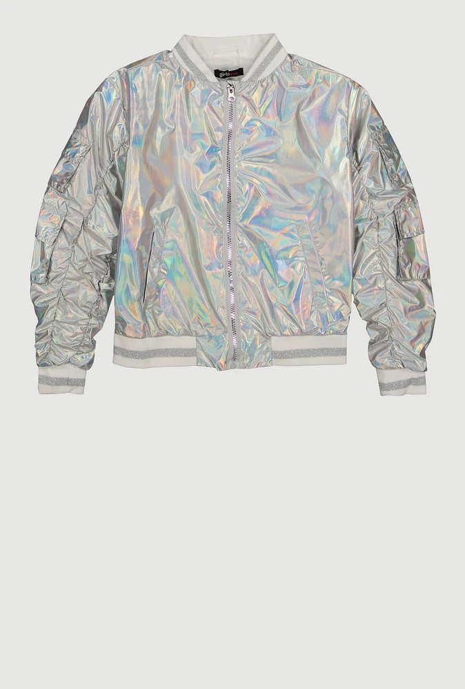 Girls Metallic Cargo Pocket Bomber Jacket, Silver, Size 10-12