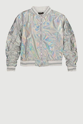 Girls Metallic Cargo Pocket Bomber Jacket, Silver, Size 10-12