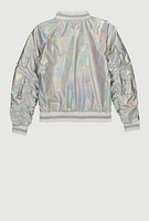 Girls Metallic Cargo Pocket Bomber Jacket, Silver, Size 10-12