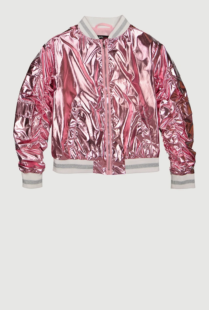 Girls Metallic Cargo Pocket Bomber Jacket, Pink, Size 7-8