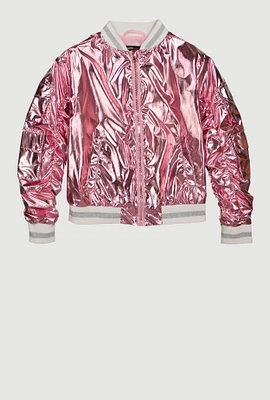 Girls Metallic Cargo Pocket Bomber Jacket, Pink, Size 7-8