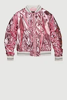 Girls Metallic Cargo Pocket Bomber Jacket, Pink, Size 10-12
