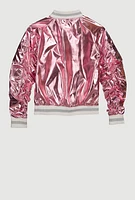 Girls Metallic Cargo Pocket Bomber Jacket, Pink, Size 10-12
