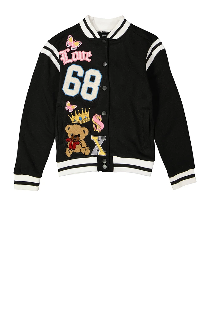 Girls 68 Chenille Graphic Patch Varsity Jacket,