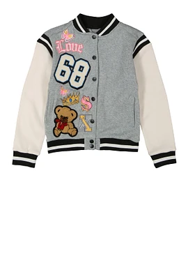 Girls 68 Chenille Graphic Patch Varsity Jacket, Grey, Size 5-6