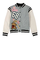 Girls 68 Chenille Graphic Patch Varsity Jacket, Grey, Size 5-6