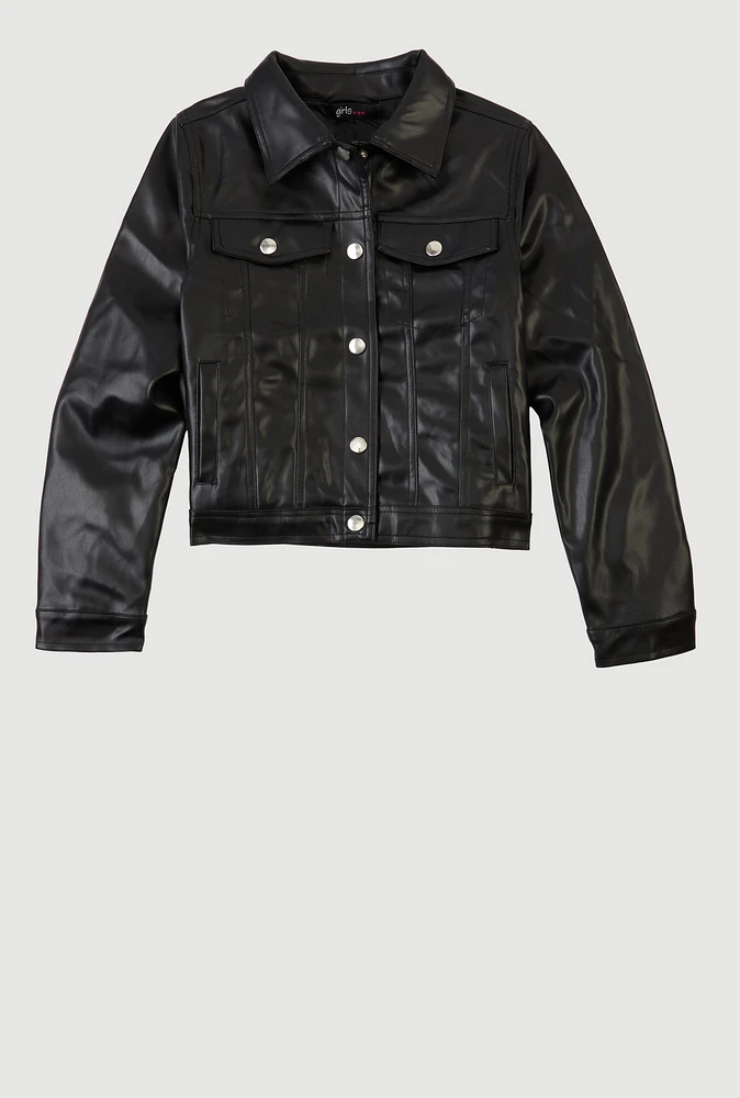 Girls Faux Leather Button Front Jacket, Black, Size 7-8